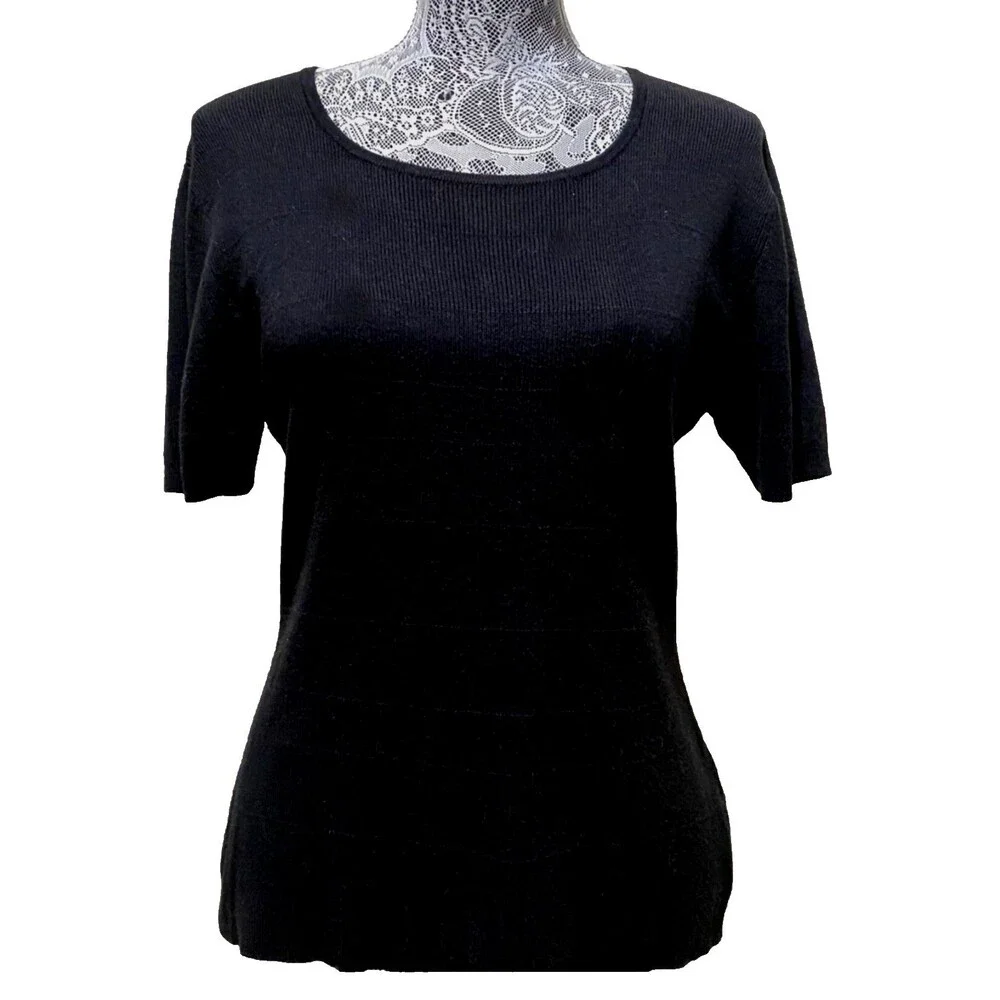 Yarn Works Womens M Black Short Sleeve Knit Textured Stretch Blouse Top Pullover
